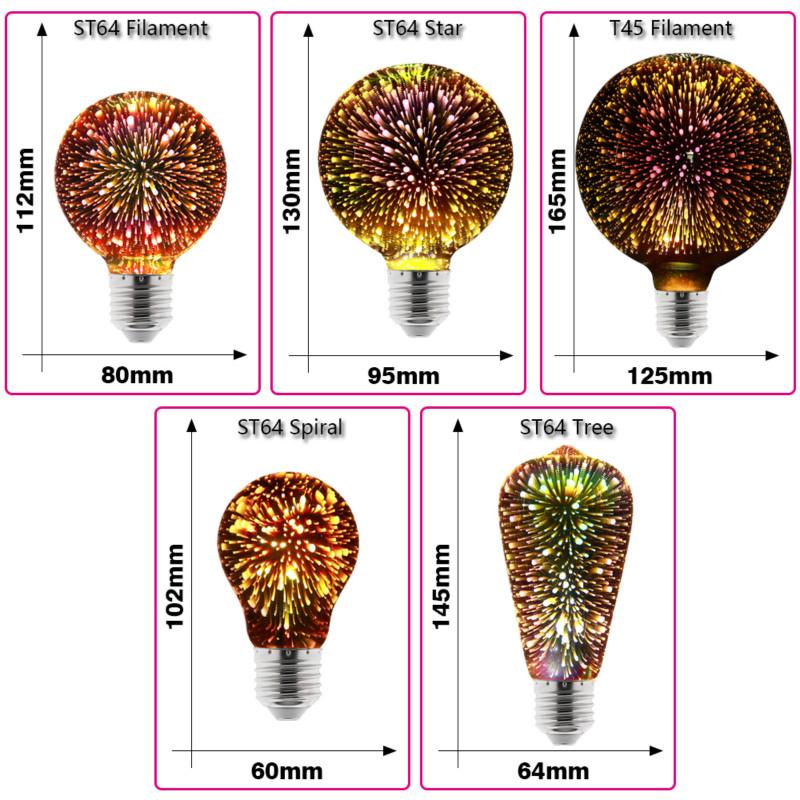 3D красочная светодиодная лампа Эдисона E27 220 В, винтажная лампа для украшения фейерверков ST64 G95 A60, рождественская ампула, светодиодное освещение лампы
