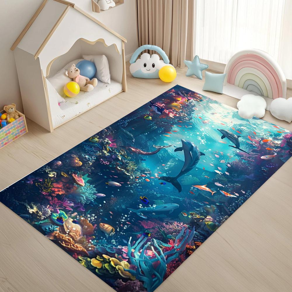Underwater Fish School Printed Carpet Whale Dolphin Print Entrance Doormat Living Room Carpet Bedroom Non Slip Soft Floor Mat