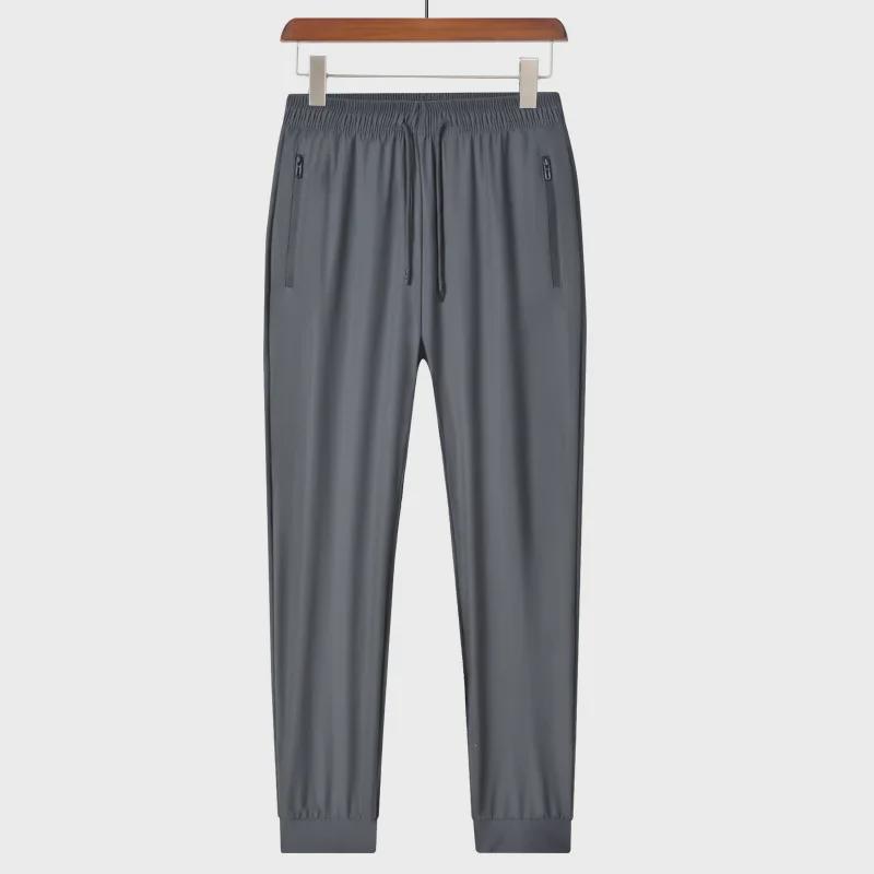 Мужские брюки Ice Silk с эластичным поясом и застежкой-молнией — однотонные, повседневные спортивные, длина девять точек, летняя одежда.