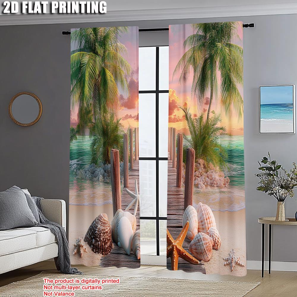 2 шт., Высококлассные шторы 2D-принт Пальма Природа Океан Закат Полиэстер Тканый (без удилища) Праздничное использование для гостиной и