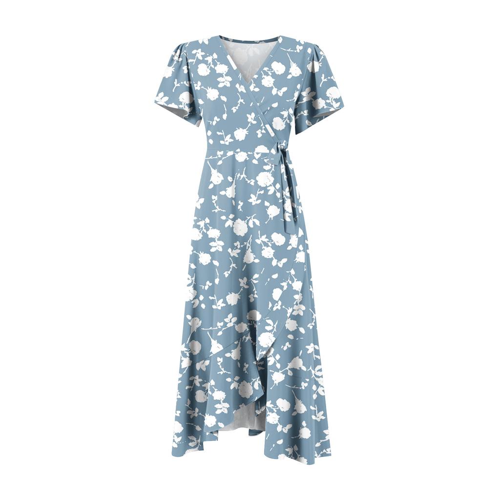 Женские платья с V-образным вырезом, приталенным цветочным принтом и коротким рукавом