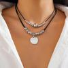 Retro Leather Wax Line Disc Pendant Clavicle Chain Necklace with Metallic Beads