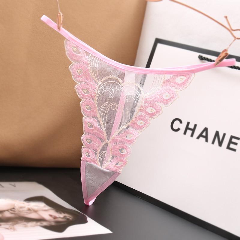 Japanese Sexy Transparent Low Waist Seamless Lace Thong with Feather Embroidery