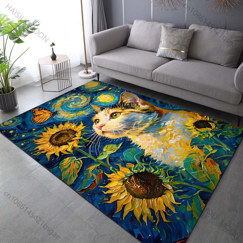 15 sizes Cat with butterfly and sunflowers Print Carpet Rug for Living Room Bedroom Sofa Doormat Home Decor Non-slip Floor Mat