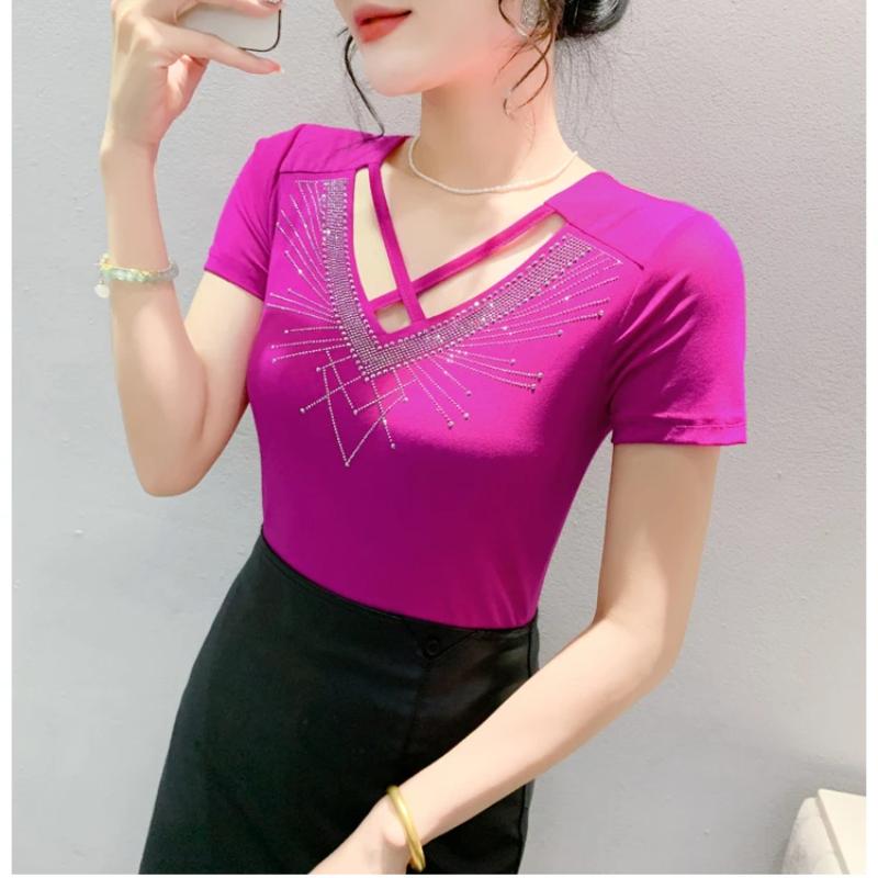 New Summer Short Sleeved V-Neck Women's T-Shirt Fashion Sexy Hollow Out Hot Diamonds Tops High Strecth Mesh Slim Tees