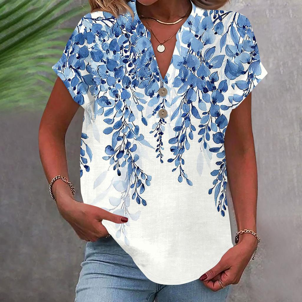 Женская модная повседневная рубашка с v-образным вырезом и коротким рукавом с принтом, футболка на пуговицах, топ