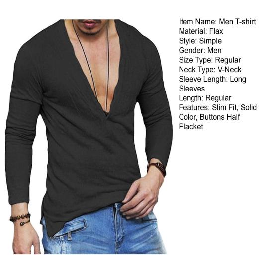 Men T-shirt V-neck Buttons Half Placket Long Sleeve Tee Shirt Solid Color Slim Fit Regular Style Breathable Tops
