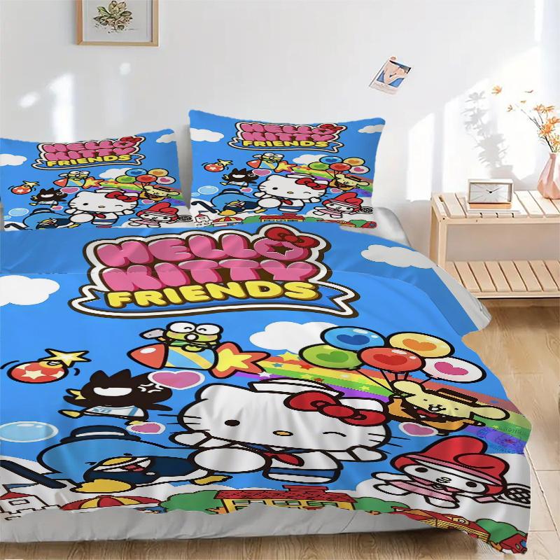 3 шт. Живописный набор постельного белья с рисунком друзей Hello Kitty, трехсекционный (1 Наволочка + 2 Наволочки, Без Наполнителей), Мягкий и удобный W055