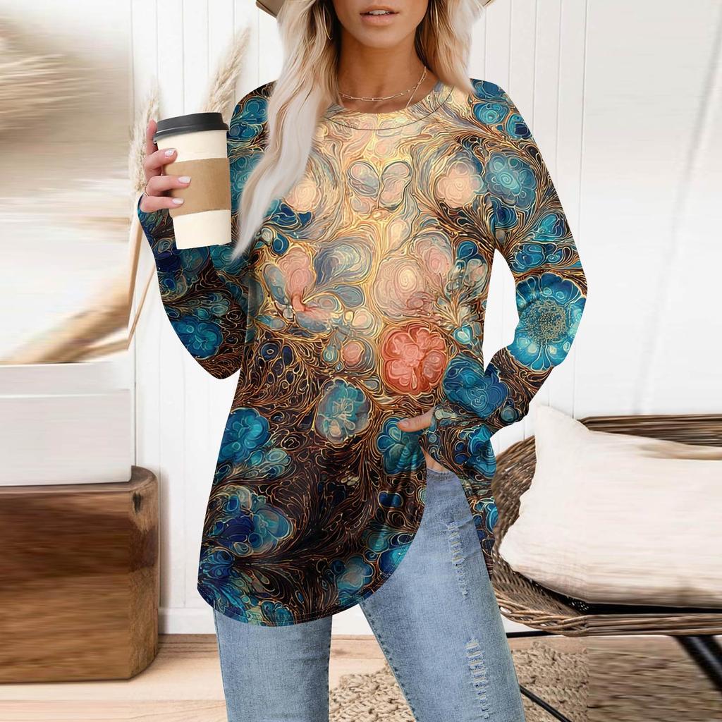 Womens Oversized Sweatshirt Graphic Sweater Long Sleeve Drop Shoulder Round Shirt Tops Vintage Clothes