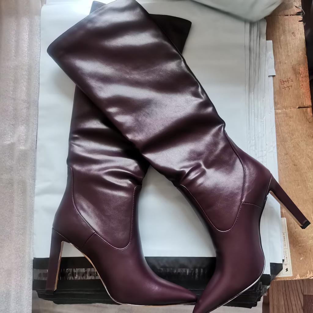 Модные западные ботфорты до колена Женская мода Острый носок Высокий каблук Женские туфли для вечеринок Женские зимние длинные сапоги Кожа Элегантная осень