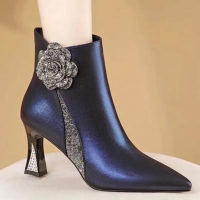 Мода 2025 Блестящие Цветочные Женские Туфли на Высоком Каблуке Сексуальные Остроносые Ботильоны Комфортный Массивный Каблук Офисная Женская Обувь