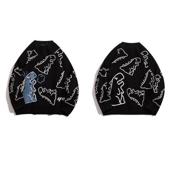 Мужской свитер осень-зима с рисунком динозавра, свободный свитер с круглым вырезом и длинными рукавами, в стиле хип-хоп, средней длины, для повседневной носки, работы, школы, улицы