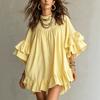Women's Casual Dress with Round Neck, Double-Layer Ruffle Trim and Bell Sleeves for Everyday Wear