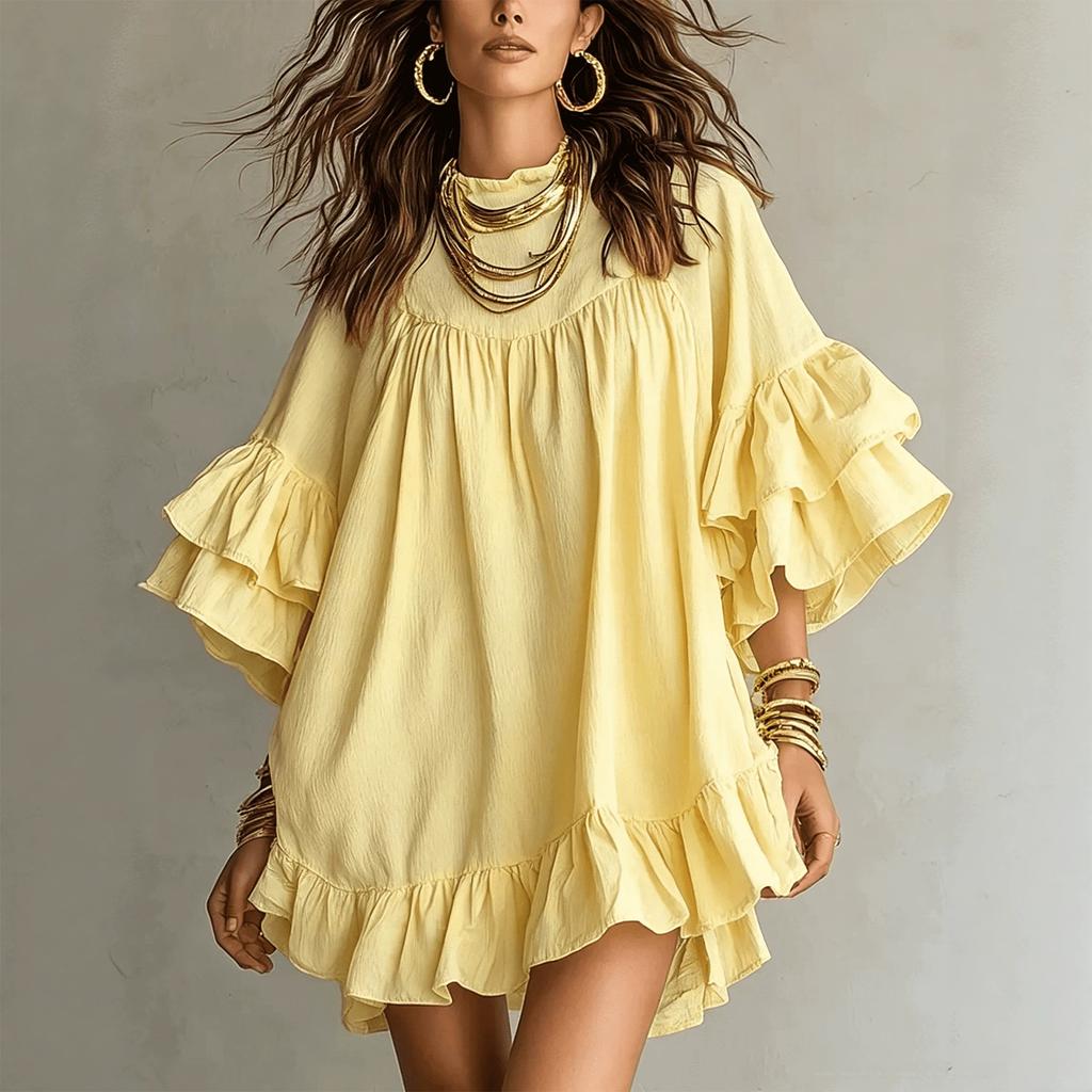 Women's Casual Dress with Round Neck, Double-Layer Ruffle Trim and Bell Sleeves for Everyday Wear