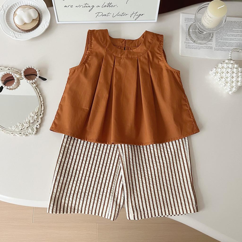 Girls Summer Cute Fresh Temperament Set Sleeveless Top + Striped Pants Two Piece Set