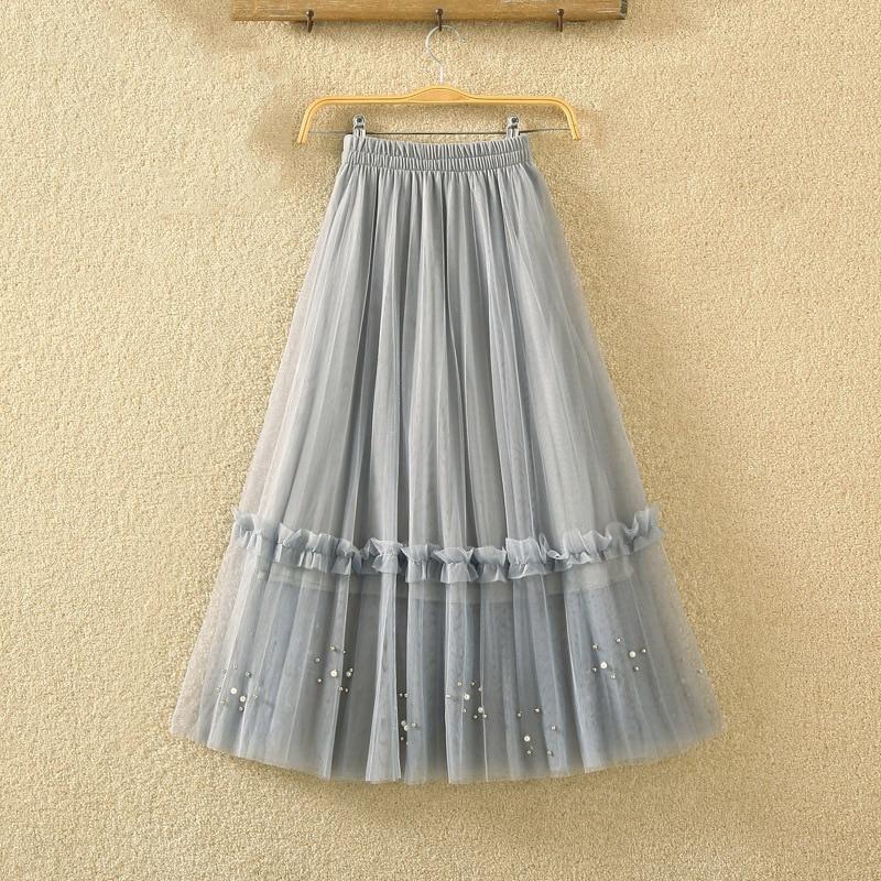 Qooth Женская 3-слойная тюлевая юбка-сетка с цветочным бисером, элегантная длинная юбка-пачка трапециевидной формы с эластичной резинкой на талии на весну и лето QT2146
