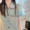 Новая пижама, домашний костюм, женский, с короткими рукавами, для студентов, имитация хлопка, Ins Wind, корейский, зеленый, клетчатый, домашний костюм