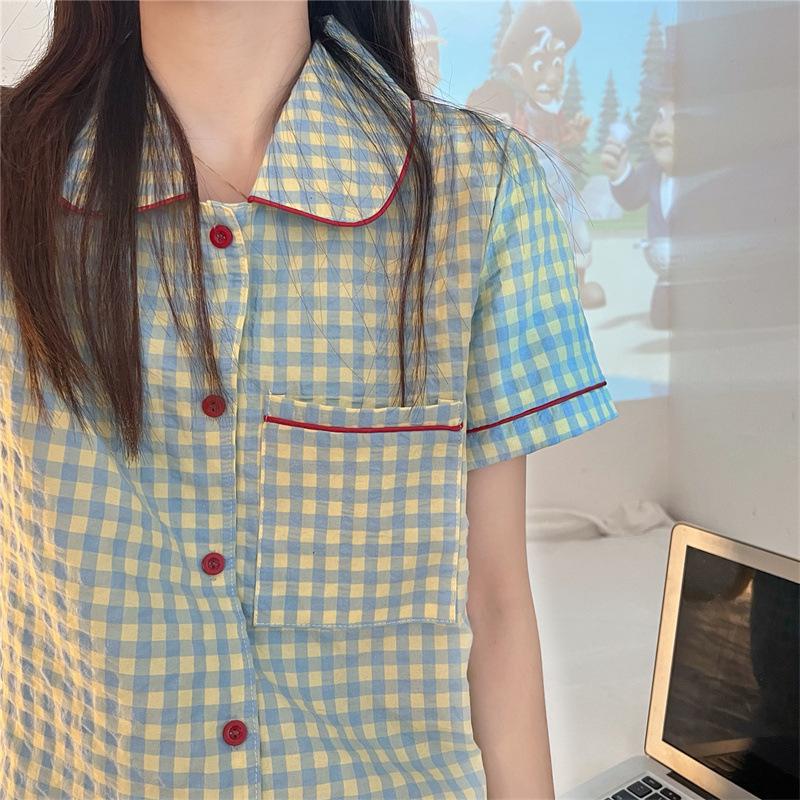 Новая пижама, домашний костюм, женский, с короткими рукавами, для студентов, имитация хлопка, Ins Wind, корейский, зеленый, клетчатый, домашний костюм