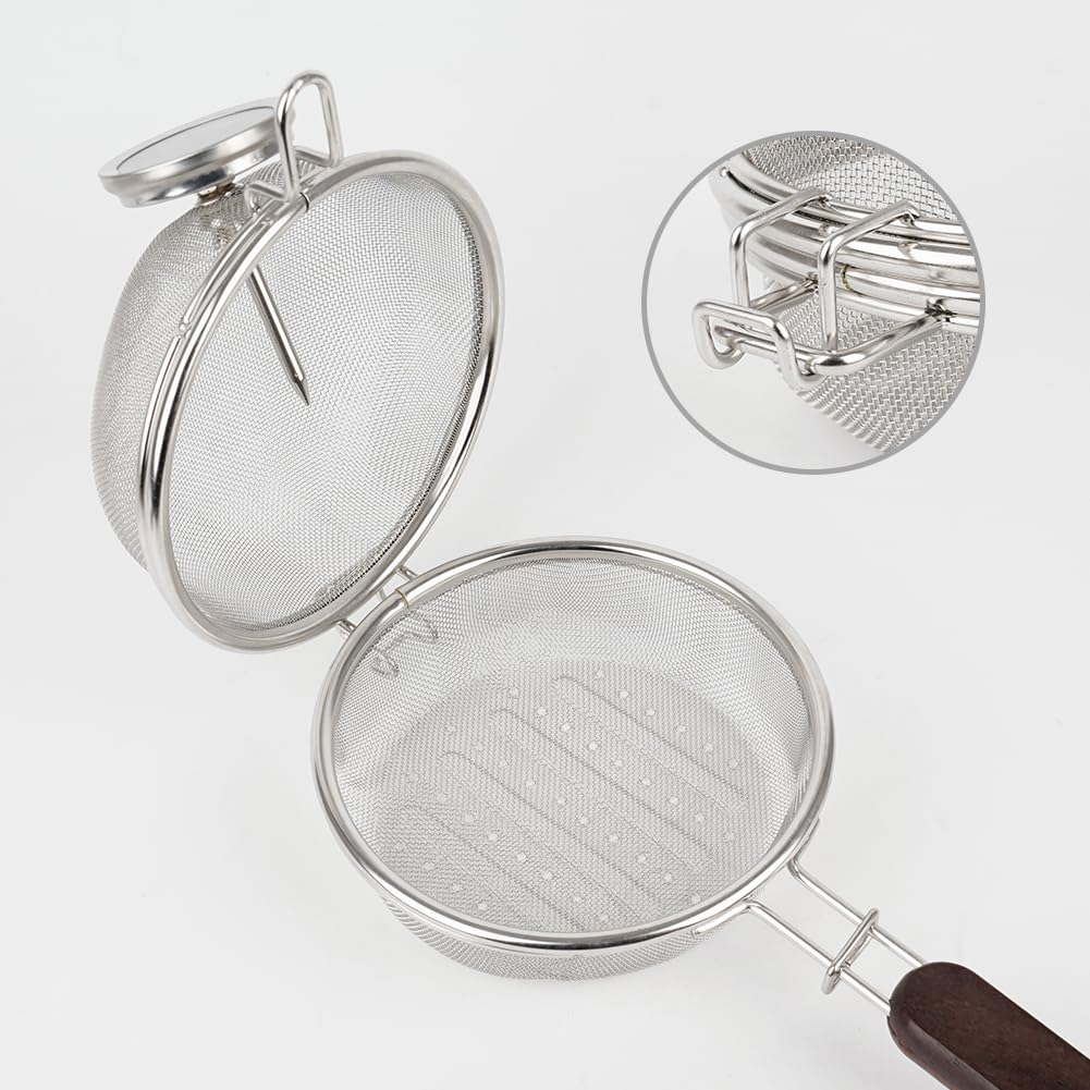 Stainless steel hand roaster with wooden handle, round, 14cm diameter, suitable for home use (includes cooking thermometer)