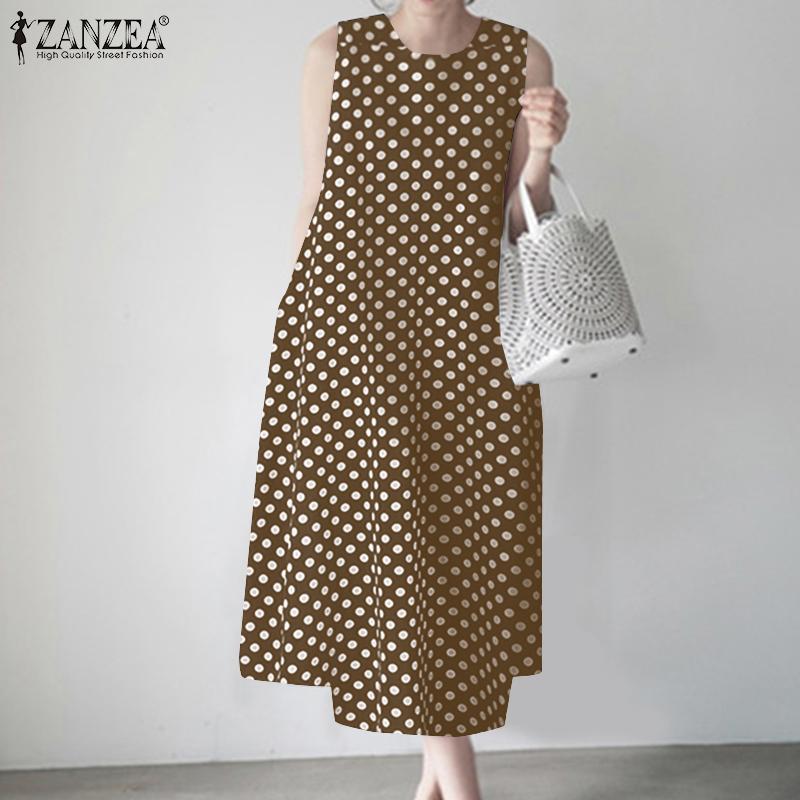ZANZEA Женское повседневное платье без рукавов с круглым вырезом и принтом в горошек