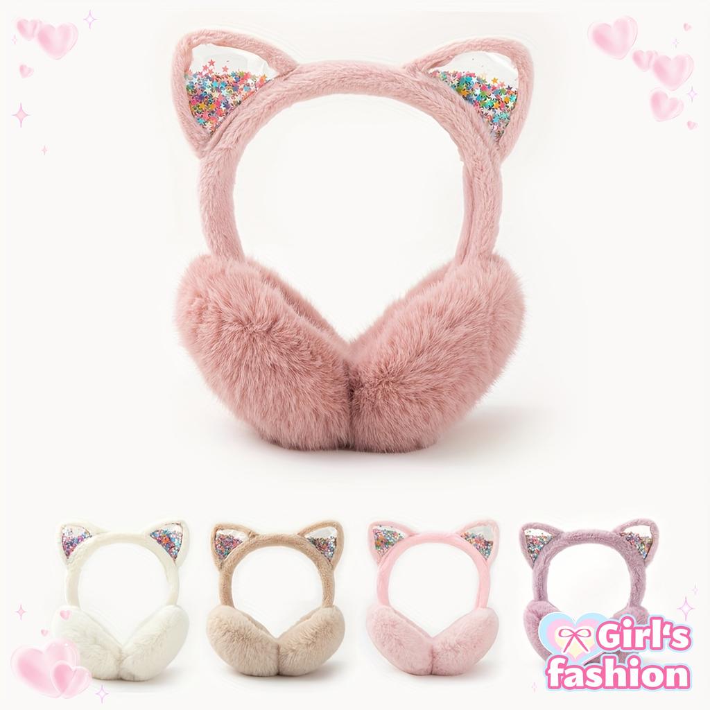 Cute Cat Ear Earmuffs for Teen Girls - Foldable Winter Ear Warmers, Sparkle Sequin Design, Solid Color, Polyester, Suitable for Ages 15+