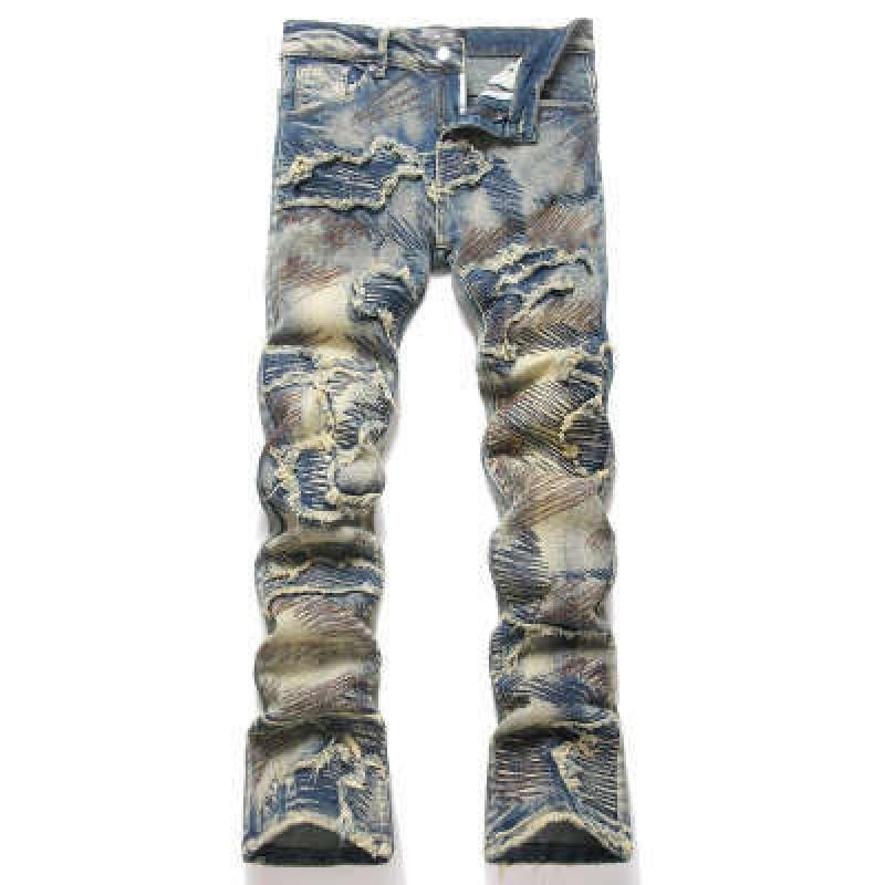 Mens Slim Fit Distressed Denim Jeans With Embroidered Patch Vintage Ink Wash Stretch Cotton Streetwear Style