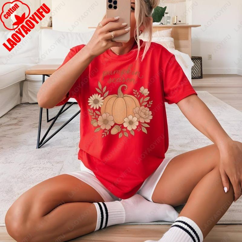 Хлопковая футболка 'Тыквенный сезон' Осенняя цветочная для женщин мужчин Милые топы на День Благодарения Осенний сезон Уютный наряд Популярные футболки Харадзюку