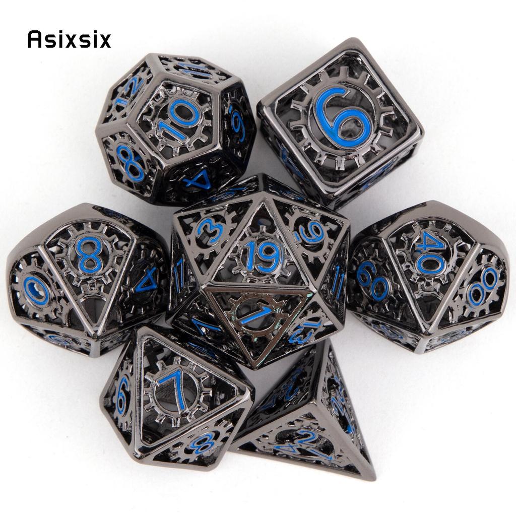 7 Pcs Black Blue Gear Wheel Metal Dice Hollow Metal Polyhedral Dice Set Suitable for Role-Playing RPG Board Game Card Game