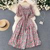 Women's Chic Sweet Slim Square Neck Bubble Sleeve Floral Dress Super Fairy Temperament A-line Dress