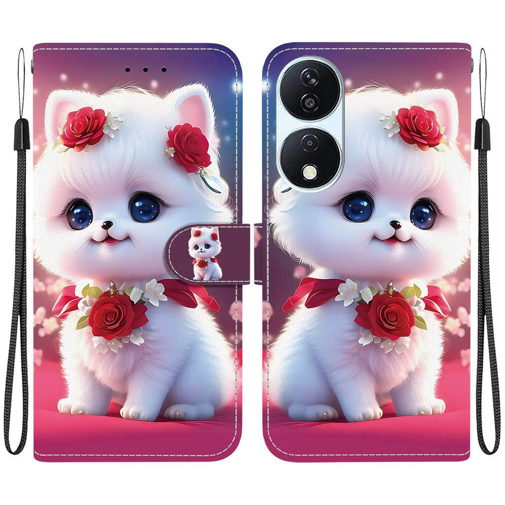 Чехол-книжка из искусственной кожи ручной работы для Honor X7b, противоскользящая противоударная крышка с ремешком на запястье и дизайнами в виде сердца/розы и кошки