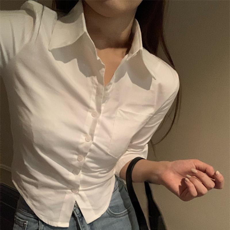 Тонкие рубашки с длинным рукавом, женские однотонные рубашки с короткой талией, пикантные универсальные топы на весну и осень с отложным воротником, женские шикарные Mujer