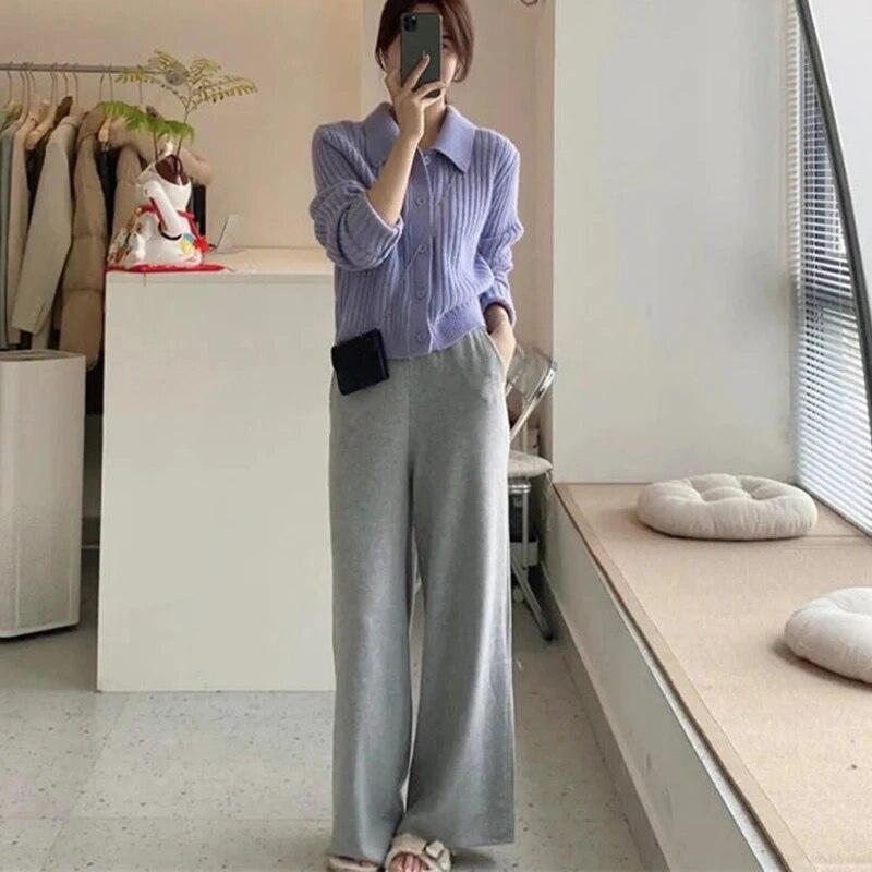 Корейская мода, однотонные вязаные кардиганы, топы для женщин, 2024, свитер с отложным воротником, пальто, женские шикарные мягкие тонкие вязаные кардиганы с длинными рукавами, куртка женская