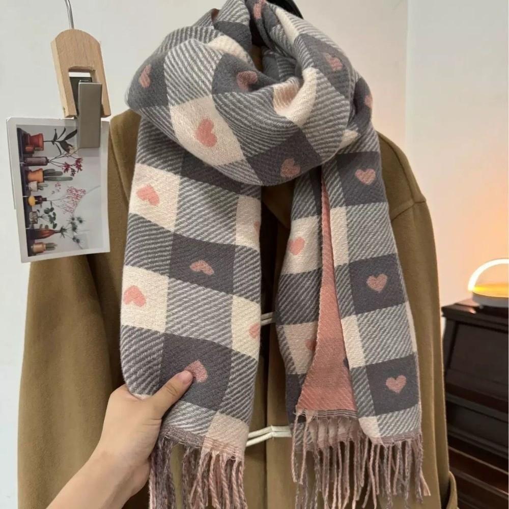Love Heart Plaid Neck Warmer Coldproof Tassel Neckerchief New Imitation Cashmere Shawl Women