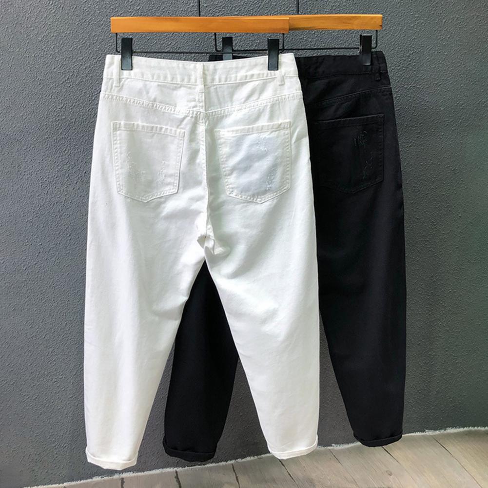 Men Jeans Mid-rise Button Zipper Fly Ripped Holes Design Denim Pants with Pockets Solid Color Casual Harem Trousers
