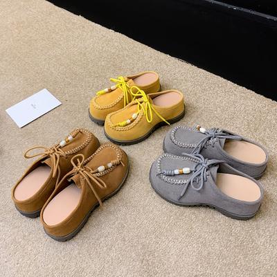 Осенние модели повышены. 5 см милые тапочки женские из коровьего велюра на шнуровке с бисером, с большой головой, на полукаблуке-кенгуру