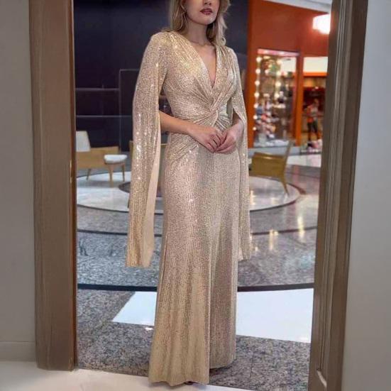Women's Sequin Prom Dress Long Cape Sleeve Front Twist Knot Maxi Dress Sparkly V Neck Formal Evening Party Wedding Gown