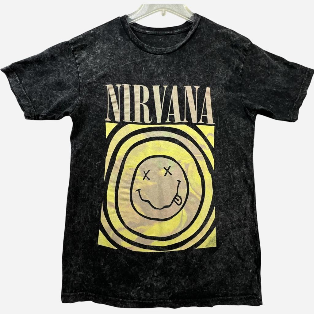 Мужская футболка Nirvana с графическим изображением смайлика, размер M, черная, с эффектом кислотной стирки, футболка группы в стиле гранж