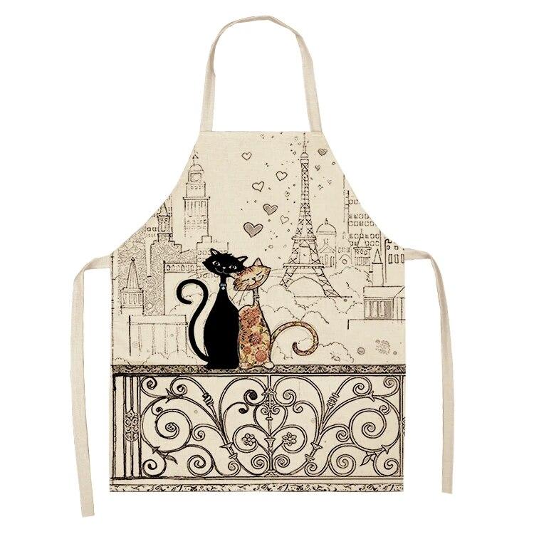Home Kitchen Black and White Cat Letter Apron Women's Linen Cleaning Tool Apron Home Cooking Waist Baking Apron