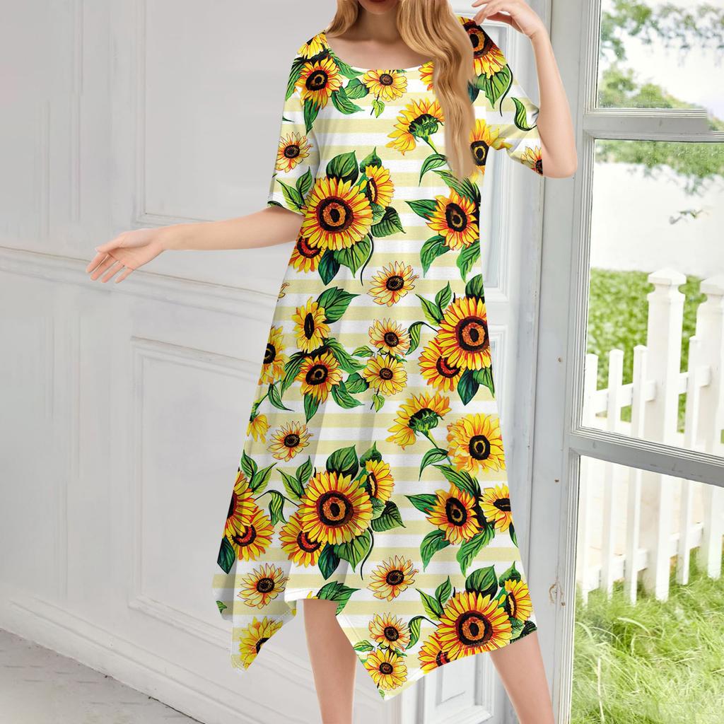 Женское повседневное модное платье миди с круглым вырезом и коротким рукавом с принтом и неровным подолом