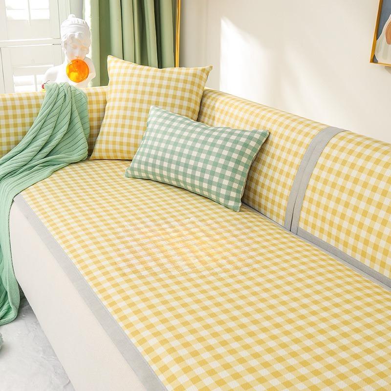 Fresh Plaid Summer Ice Silk Rattan Sofa Seat Cushion for Summer Summer Universal Non-Slip Cover Cloth
