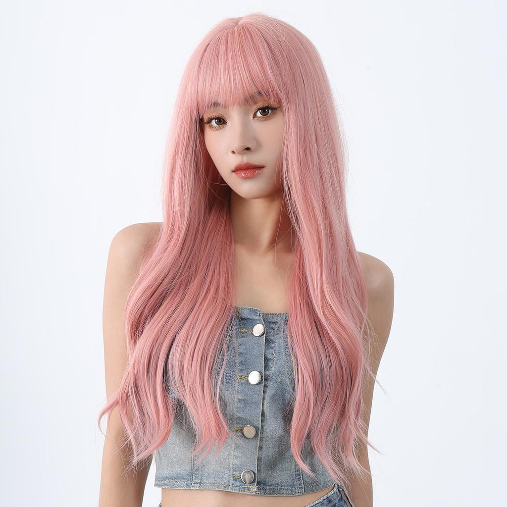 Розовый длинный волнистый синтетический парик с челкой, волосы Лолиты на Хэллоуин для белых женщин, красочный косплей, натуральный парик, термостойкое волокно