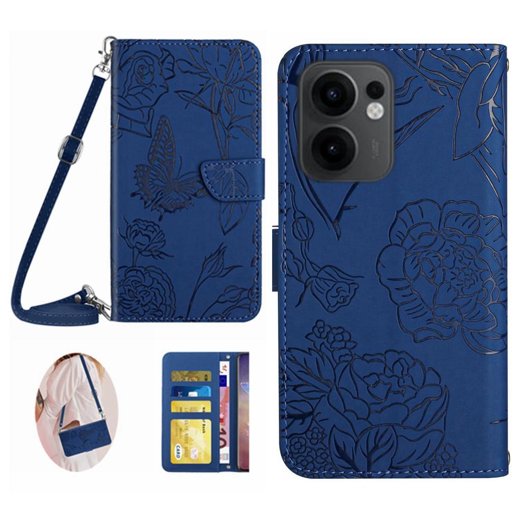 For Oppo Reno13 F 4G/5G Case Butterfly Flower Imprint Leather Phone Cover with Shoulder Strap