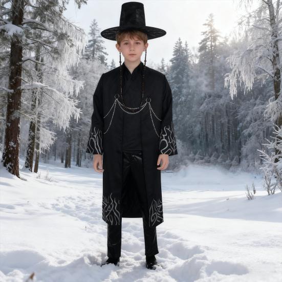 Корейский аниме косплей костюм Плащ Черного Пламени Рубашка Брюки Шляпа Набор Костюм Злодея для Ролевых Игр для Детей Хэллоуин Карнавал Выступление