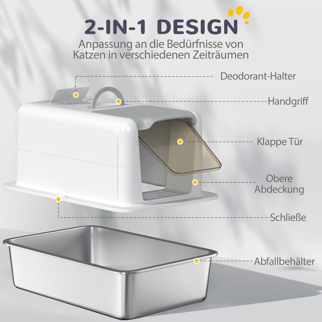 Stainless Steel Cat Litter Box with Removable Lid, Scoop, Filter Bags, for Larger Cats, White