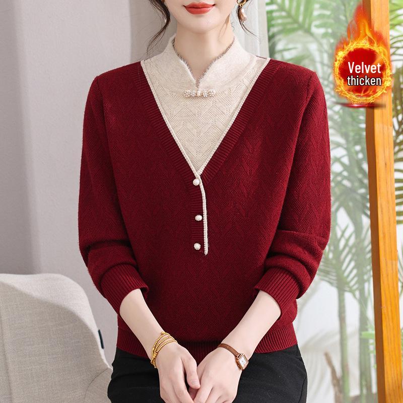 Mom's Stylish Improved Cheongsam Top: Middle-Aged Women's Velvet-Thickened Winter Sweater