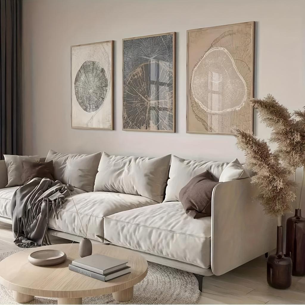 A Set of Three Pieces Featuring Nordic-Style Tree Ring And Stump Artwork, Vintage Abstract Art Posters Printed on Canvas, Modern