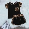 Baby Leopard Print Clothes Set, Girls Short Sleeve O-neck Tops with Pocket + Drawstring Shorts for Summer