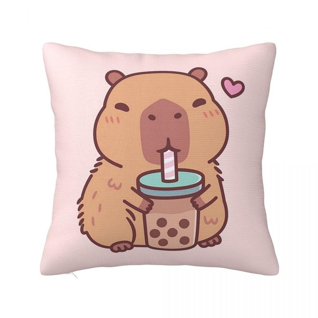 Cute Capybara Loves Drinking Bubble Tea Square Pillowcase Pillow Cover Cushion Zip Decorative Throw Pillow for Home Bedroom