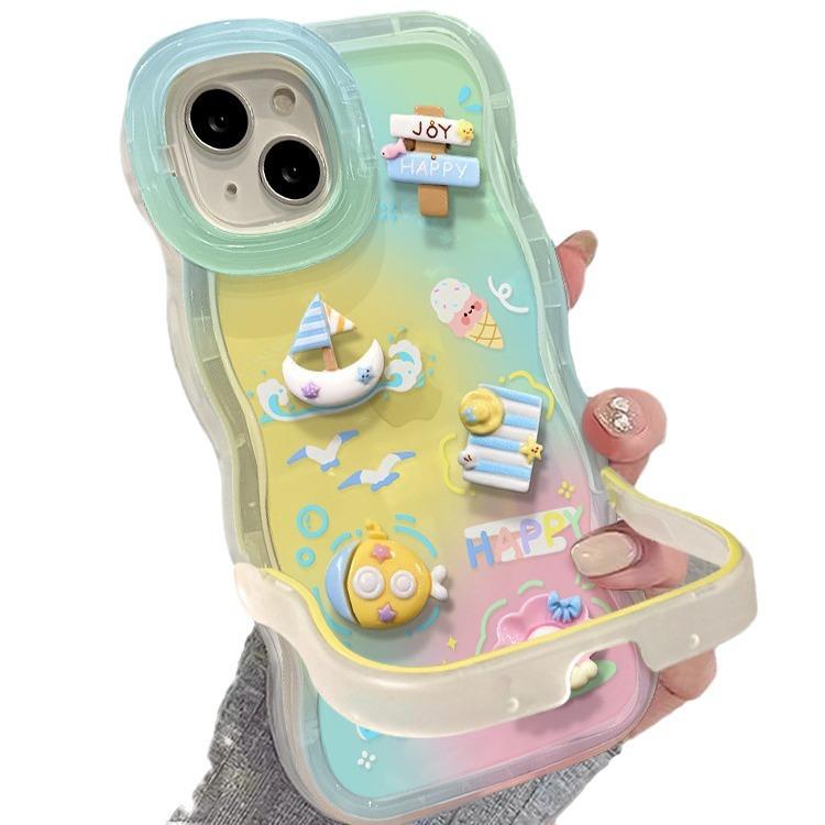 Applicable To Apple 15pm Mobile Phone Case IPhone 13 Smudged Marine Doll 12 Wavy Edge Invisible Double Bracket