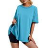Womens Solid Color Cotton Blend Short Sleeve T-Shirt Loose Fit Round Neck Side Slit Casual Top